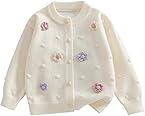 Girls' Knit Cardigan Sweater with Floral Appliques, White, Ages 2-7 Years (US, Age, 5 Years, Apricot)