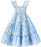 Girls Light Blue Daisy Print Smocked Dress Flower Girl Beach Summer Floral Tiered Twirl Sundress 6-7 Years